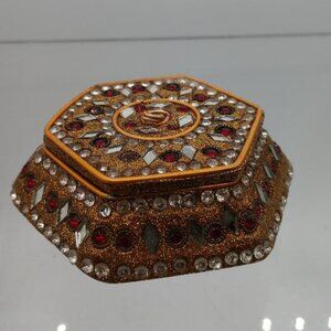 Vintage Jeweled Mirrored Trinket Box with Brass Accents and Red Embellishments
